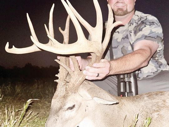 Forrest Hodges, 37, with the trio of free ranging whitetails he took off his property in Cherokee County between Sept. 28 and Oct. 1 using Managed Lands Deer per-mits provided by the Texas Parks and Wildlife Depart-ment. All of the bucks were 7 1/2 years old.
