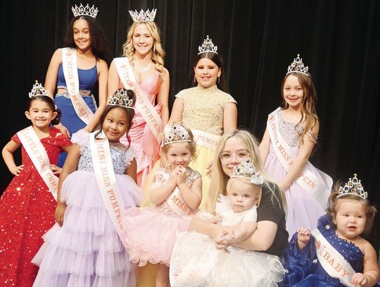 Nine girls were crowned during the 1st Annual Miss Pumpkin Pageant on Sunday afternoon, Oct. 20. Pictured are (front) Little Miss Pumpkin Mary Proulx, Mini Miss Pumpkin Maleia Gilley, Tiny Miss Pumpkin Alice Cooper, Toddler Miss Pumpkin Presley James, Baby Miss Pumpkin Adeline Perez, (back...