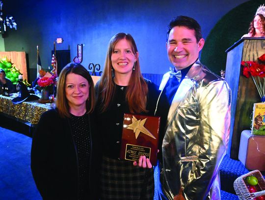 Aimee Burks is recognized as the Fairfield Junior High Teacher of the Year by Principal Cari Martin and Superintendent Joe Craig. Photo by Mitchell Pate/Fairfield Recorder
