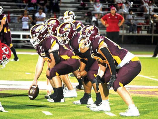 The Fairfield Eagles line up to run a play. Fairfield will travel to Splendora on Friday night to take on the Orangefield Bobcats at 7:30 p.m. in the Bi-District Championship. Photo by Mitchell Pate/Fairfield Recorder