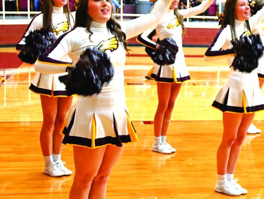 The Fairfield High School cheerleaders cheer on the Lady Eagles on Friday night against Mexia. Photo by Mitchell Pate/Fairfield Recorder