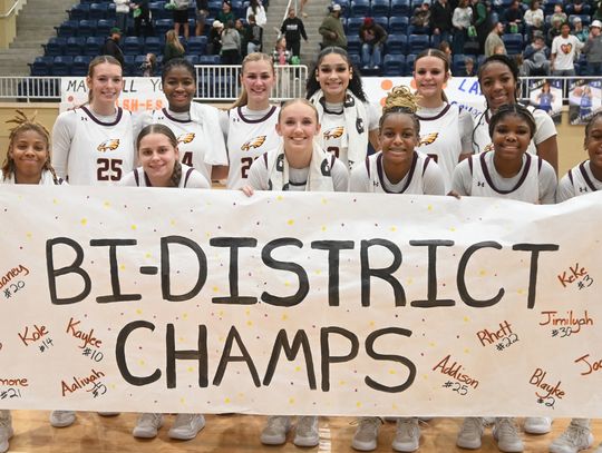 The Fairfield Lady Eagles defeat the Franklin Lady Lions 73-40 on Monday night, Feb. 10, in the Bi-District Championship at Leon High School. Pictured are (front) Samone Garrett, Delaney McGowan, Kaylee Williams, Jimilyah Nash, KeKe Alexander, Aaliyah Nash, (back) Addison Posey, Kole Brack...