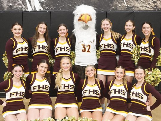 The Fairfield cheerleaders cheer on the Lady Eagles to a victory. Pictured are (front) Mackenzie Allen, Carolyn Dunlap, Rylie Longer, Lyndsey Long, Rylie Stone, Cadence Webster, (back) Ryleigh Lane, Reese Beaver, Addison Bailes, Rainy Bonds (mascot), Jaylin Flowers, Addison Shipley, and Re...