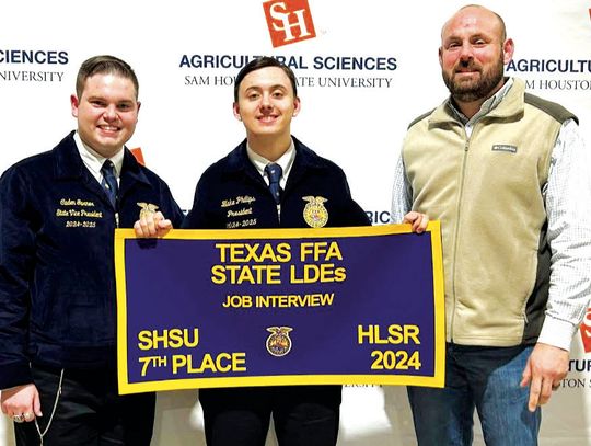 Blake Phillips, center,takes seventh place overall in the state job interview contest at Sam Houston State University. He is pictured with State Officer Caden Garner and Fairfield FFA Advisor Daniel Phillips. Courtesy Photo
