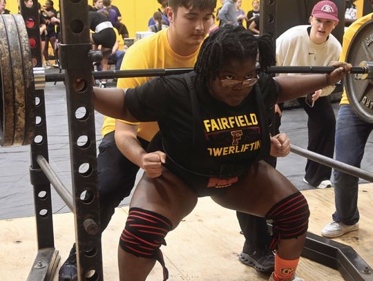 Callie Morgan squats during the Fairfield Powerlifting Meet earlier this season. Morgan is one of the seven Lady Eagles that will be competing at Regionals this Saturday. Photo by Mitchell Pate/Fairfield Recorder