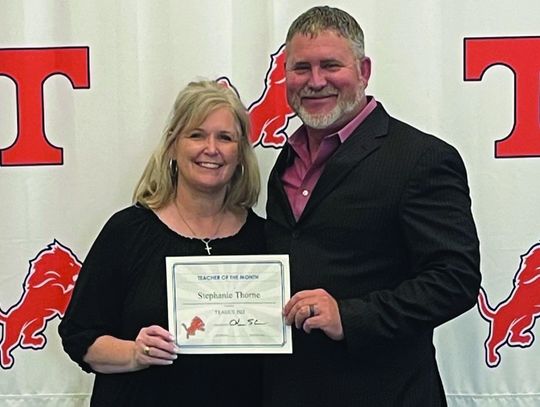TISD Superintendent Chris Skinner recognizes Stephanie Thorne as the Teague ISD Teacher of the Month for March at the TISD school board meeting on March 25. Courtesy Photo