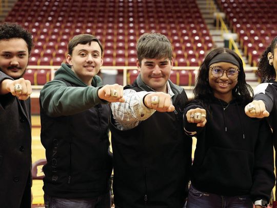 Newton Hartley, Blake Phillips, Landon Salanias, Na’Kayla Conner, and Blayke Brackens show off their State Championship rings on Friday morning, Feb. 21. Courtesy Photo