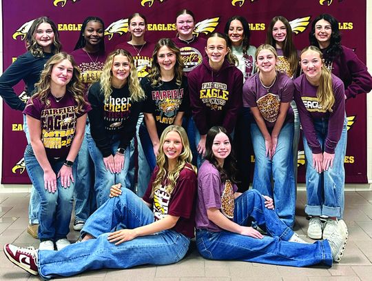 The 2025-2026 Fairfield High School varsity cheerleaders, front row, from left, are Co-Captain Jaylin Flowers and Co-Captain MacKenzie Allen_ middle row, Taylor Solis, Riley Stone, Cadence Webster, Mycah Smith, Lyndsey Long and Hadlie Morrison_ back row, Ryleigh Lane, Samayah Wiley, Addiso...