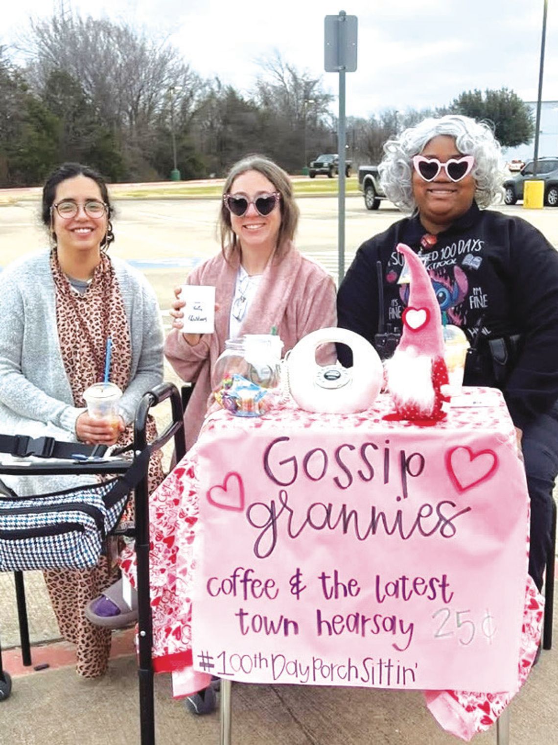 Ethel Mae, Bertha Gene, and Ernestine Jo, known as the Gossip Grannies, wave and chit chat as parents drop off their children for the 100th Day of School at Fairfield Intermediate School on Tuesday morning, Feb. 4. Pictured are Jessica Recarte, Jaymi Craig, and Shaquera Means. Courtesy Pho...