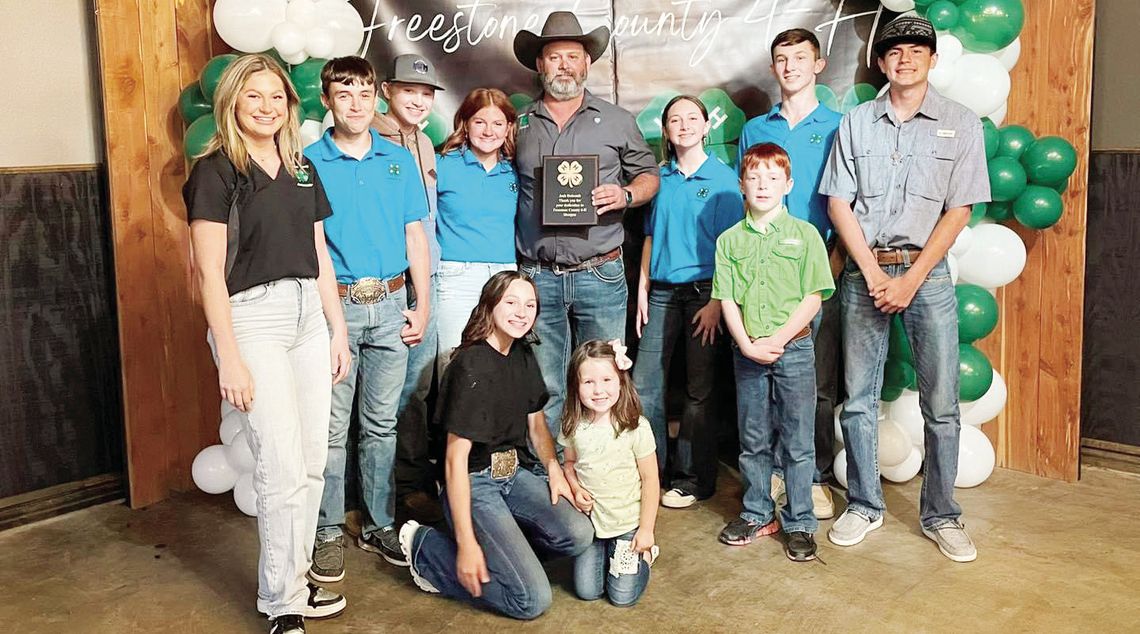 4-H Archery Coach Jerry Bonds and longtime Shotgun Coach Josh Holcomb were honored at the Freestone County 4-H Adult Leaders Fundraising Banquet held on Saturday night, April 6 and the Twisted Vines Event Center. Fat Rabbit’s BBQ catered the meal. Courtesy Photo