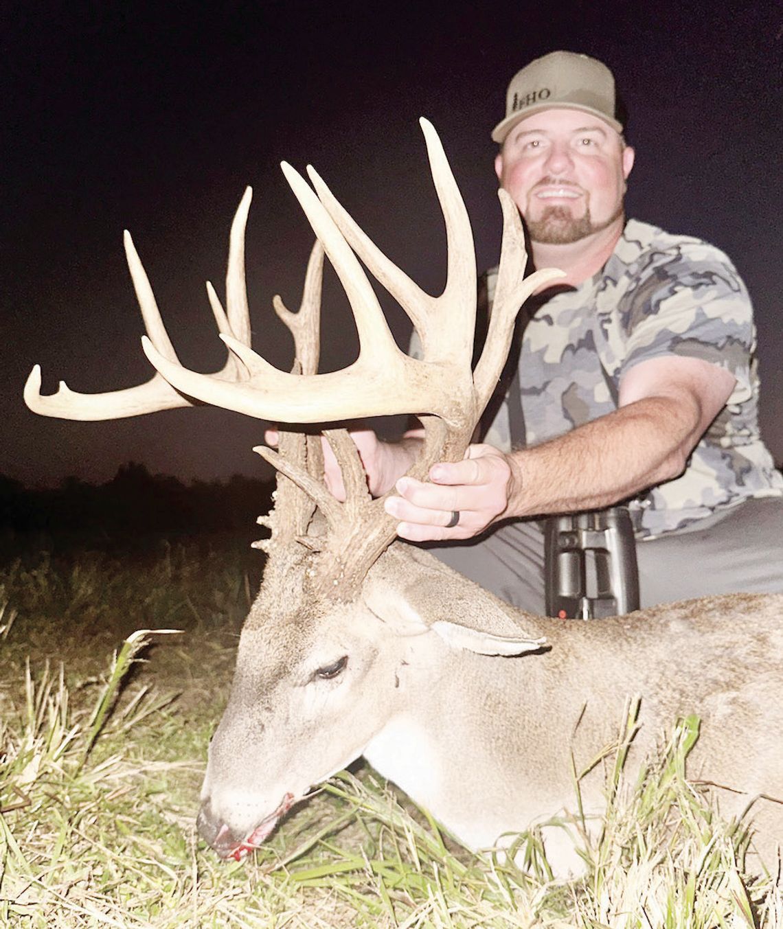 Forrest Hodges, 37, with the trio of free ranging whitetails he took off his property in Cherokee County between Sept. 28 and Oct. 1 using Managed Lands Deer per-mits provided by the Texas Parks and Wildlife Depart-ment. All of the bucks were 7 1/2 years old.