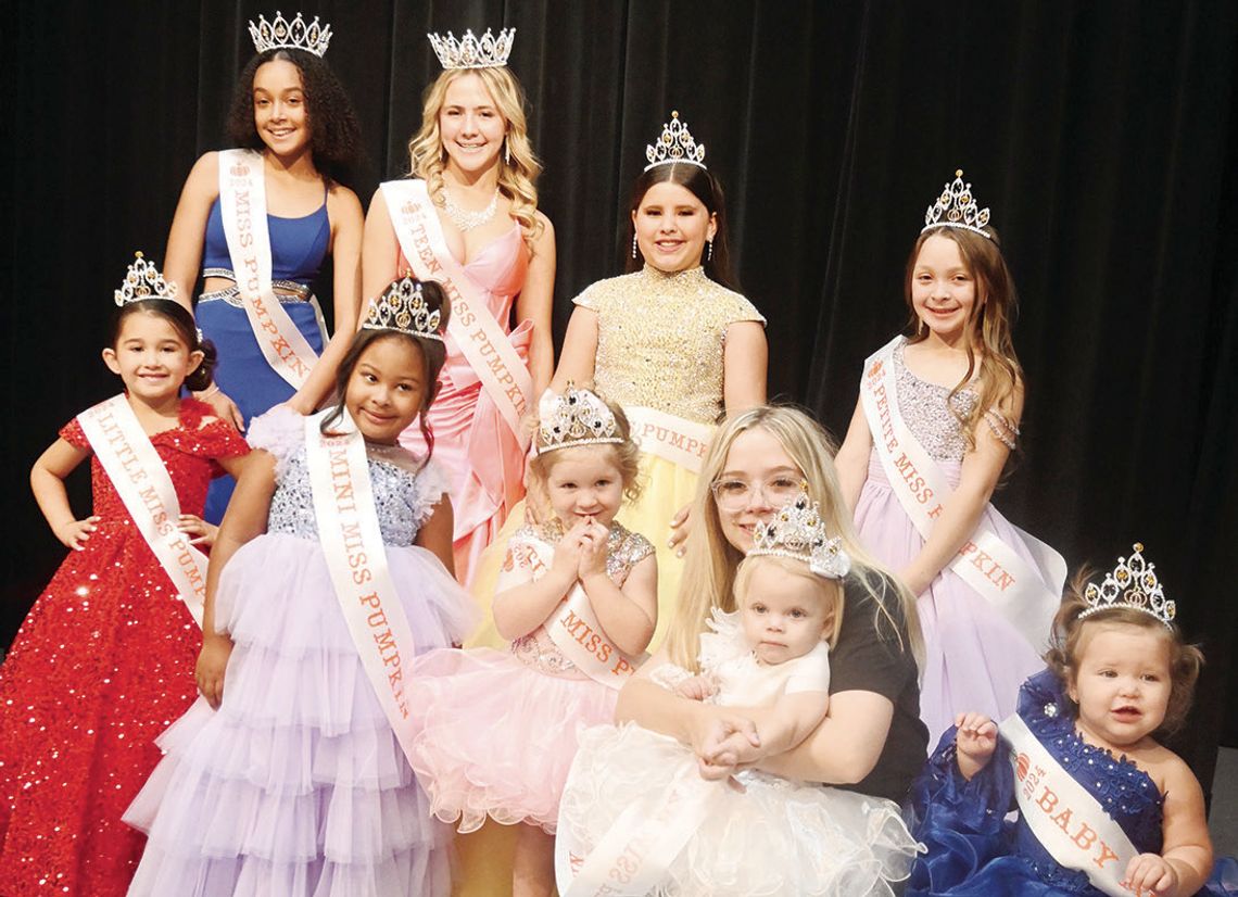 Nine girls were crowned during the 1st Annual Miss Pumpkin Pageant on Sunday afternoon, Oct. 20. Pictured are (front) Little Miss Pumpkin Mary Proulx, Mini Miss Pumpkin Maleia Gilley, Tiny Miss Pumpkin Alice Cooper, Toddler Miss Pumpkin Presley James, Baby Miss Pumpkin Adeline Perez, (back...