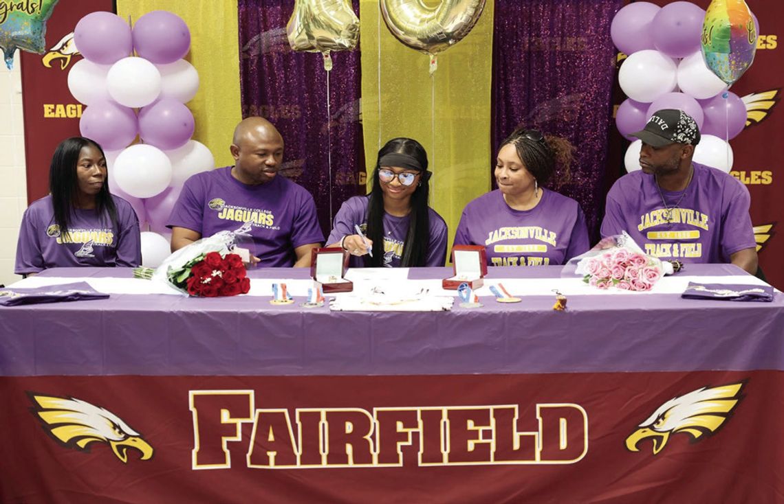 Na’Kayla Conner, a senior at Fairfield High School, signs her letter of intent to run track at Jacksonville College on Friday, March 7. Pictured are Chimere Conner, Damian Conner, Na’Kayla Conner, Antonia Slaughter, and Carl Burns. Courtesy Photo