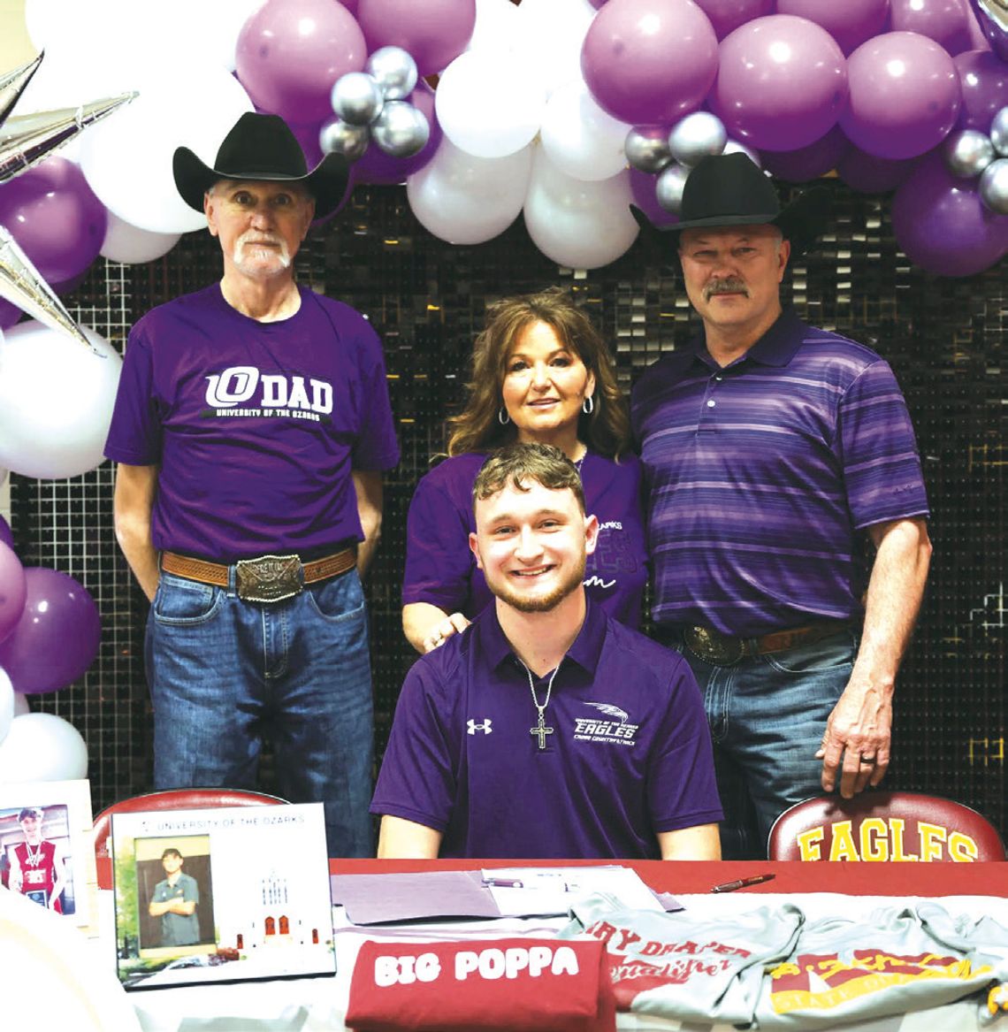 Jerry Draper signs his letter of intent to run track at the University of the Ozarks on Friday, Feb. 7. Pictured with Jerry are Jim Draper and Amy and Keith Garrett. Courtesy Photo