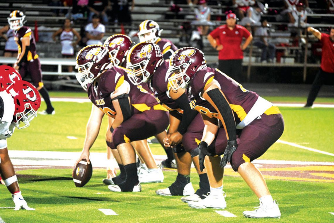 The Fairfield Eagles line up to run a play. Fairfield will travel to Splendora on Friday night to take on the Orangefield Bobcats at 7:30 p.m. in the Bi-District Championship. Photo by Mitchell Pate/Fairfield Recorder