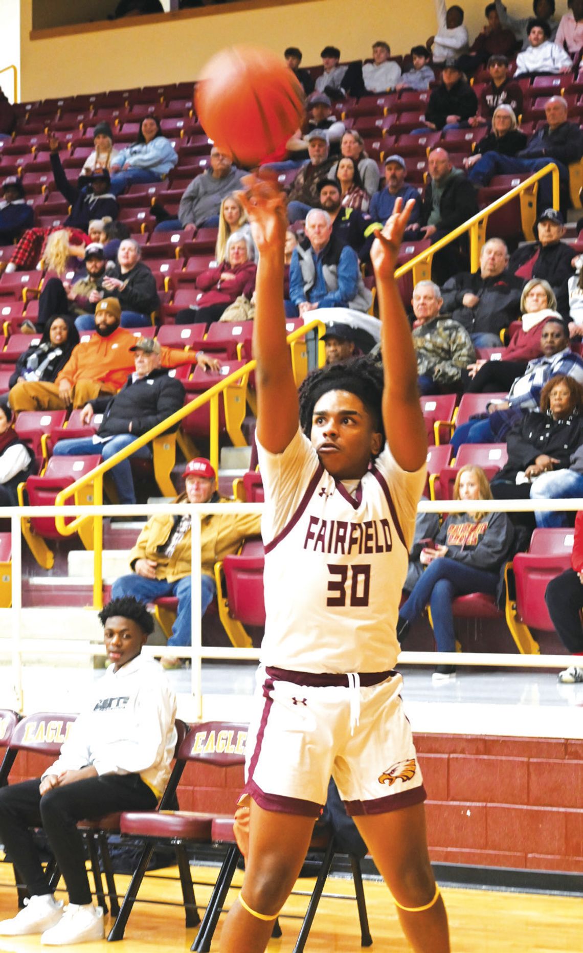 Manny Brown shoots a three-pointer for the Eagles on Friday night against the Panthers. Photo by Mitchell Pate/Fairfield Recorder