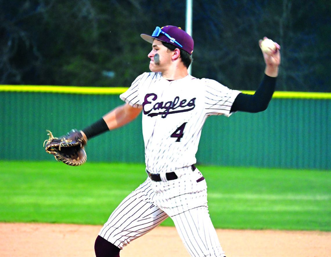 Connor Colvert makes a play at first base for the Eagles. Photo by Mitchell Pate/Fairfield Recorder