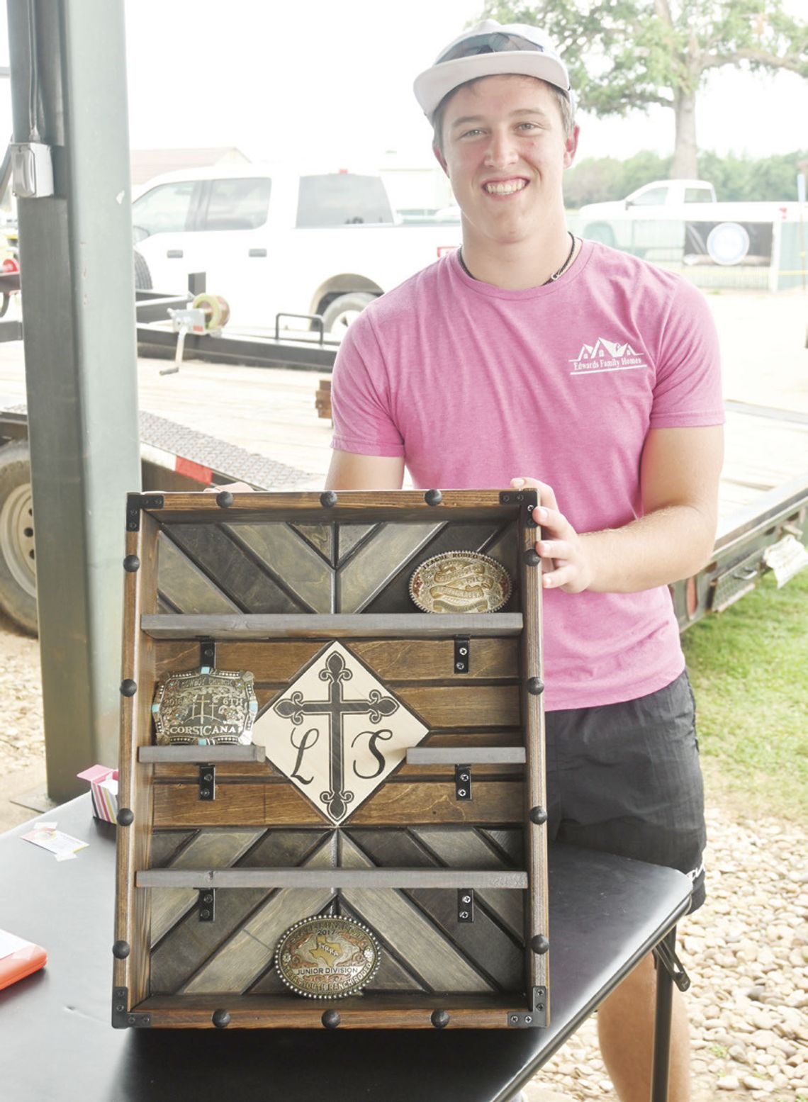Mason Edwards shows off his custom belt buckle case at the 2024 Freestone County Ag Mechanics Show on Monday, June 10. Photo by Mitchell Pate/ Fairfield Recorder