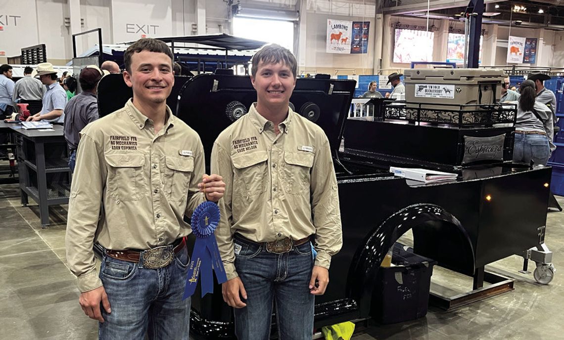 (Left, above) Adan Espinoza and Cade Nelson pose for a photo with their welding bed that they earned a blue ribbon for at the HLSR. They also earned the Division Reserve Champion. Courtesy Photo