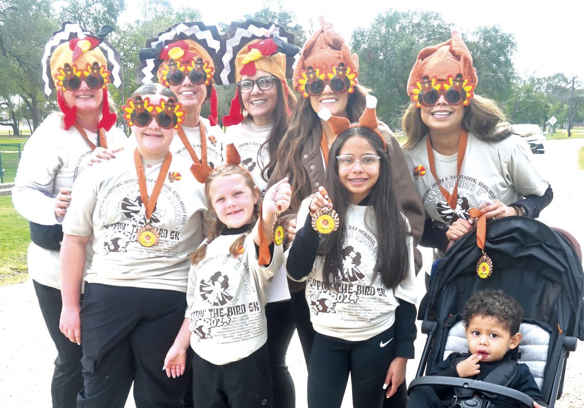 This group of friends won Best Dressed at the 2024 Flippin’ the Bird 5K on Saturday morning. Pictured, front row, from left, are Paisleiogh Solley, Amelia Solley, Daisy Caro and Alan Caro; back, Gina Martin, Andrea Lyles, Laurie Lyles, Alyssa Solley and Yesenia Caro. Photo by MItchell Pate...