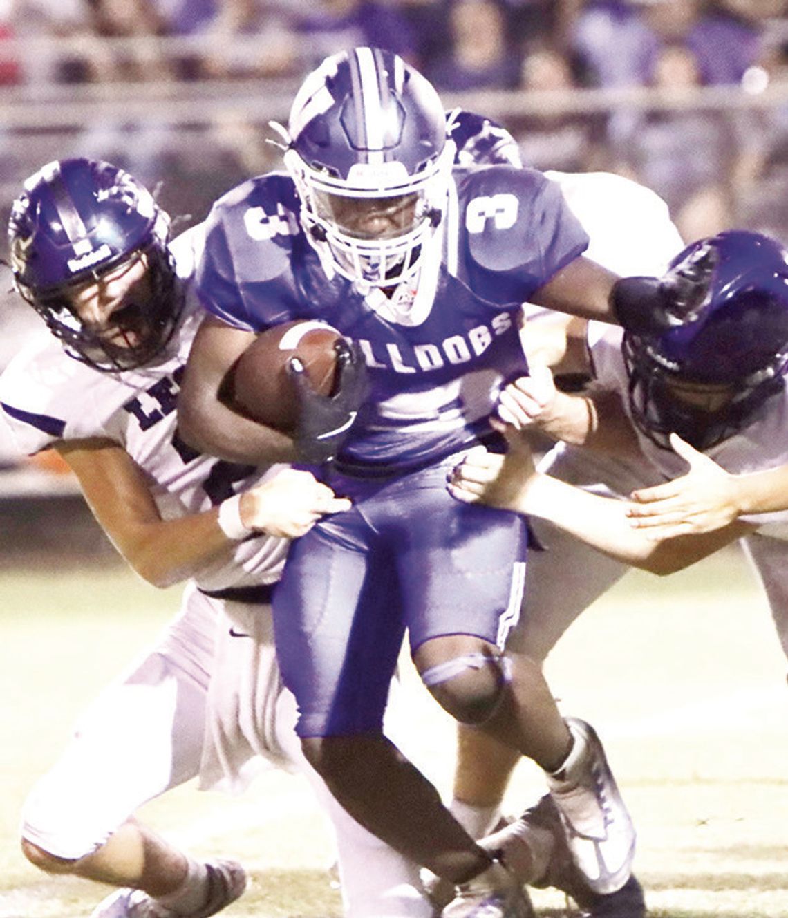 Wortham senior Kymani Johnson (3) fights off tacklers in the Bulldogs’ 20-18 victory over Leon on Friday, Sept. 13. Photo by Jennifer Lansford/For The Mexia News