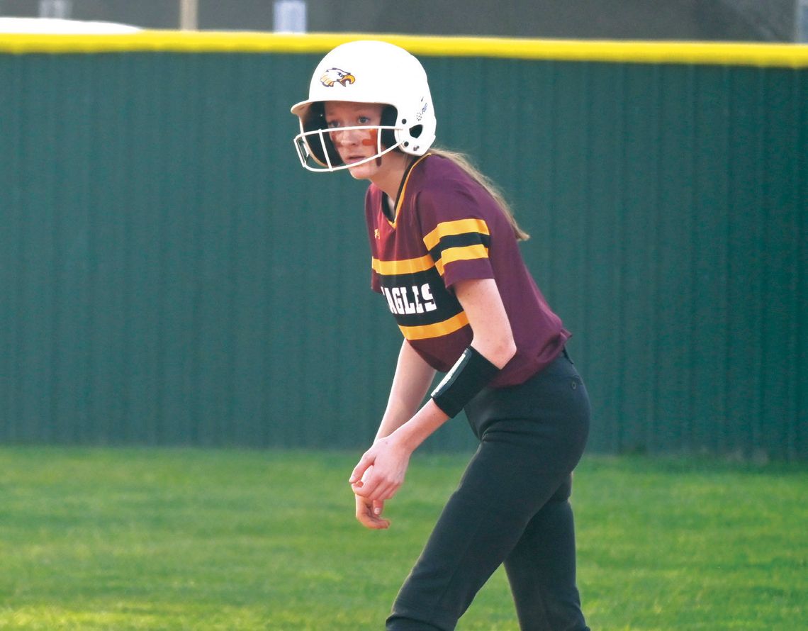 ABOVE: Evelyn Futz is down and ready for the ball to come her way at third base. Photos by Mitchell Pate/Fairfield Recorder