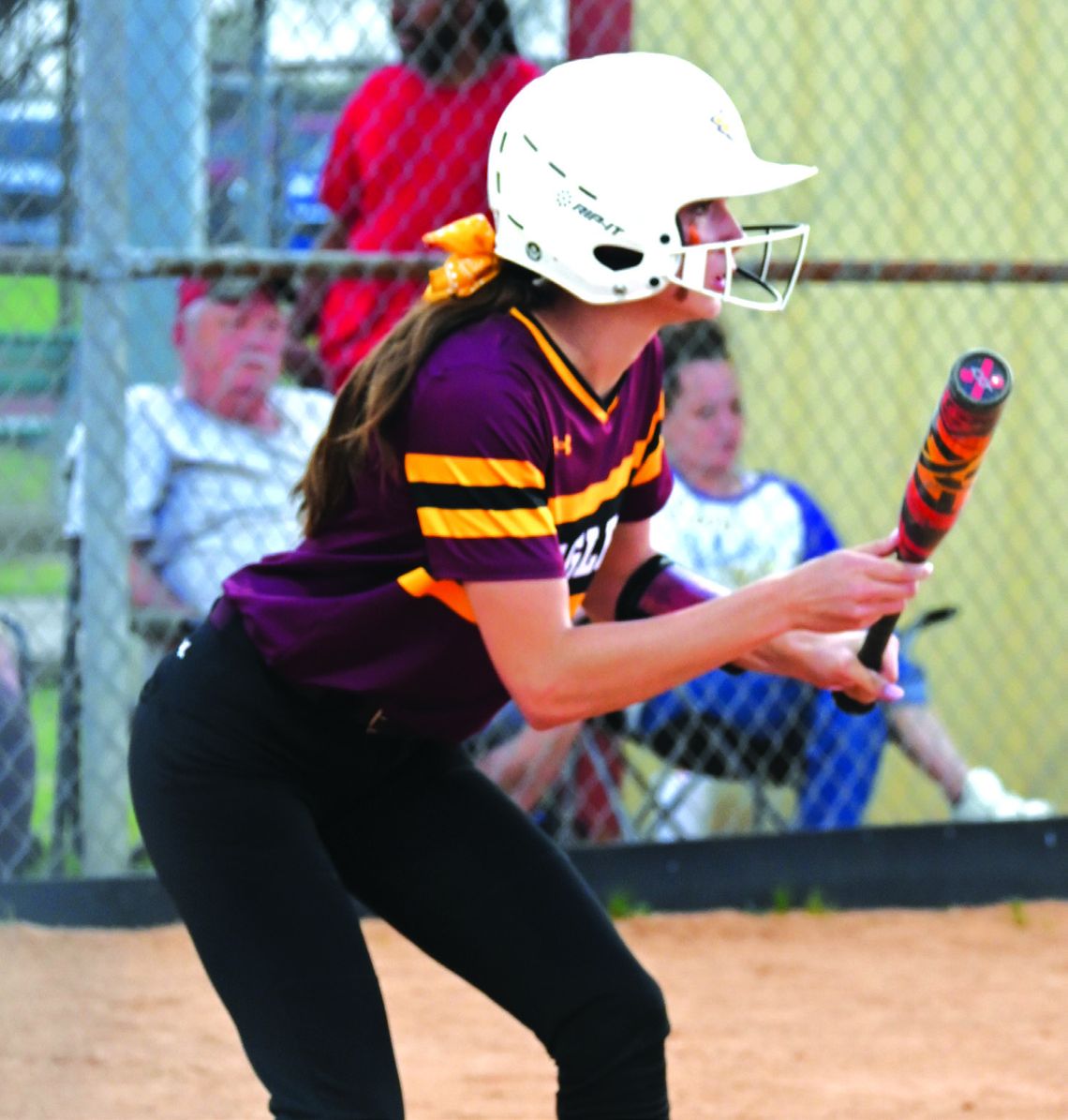 Reese Beaver gets ready to bunt the ball for the Lady Eagles. Photo by Mitchell Pate/Fairfield Recorder