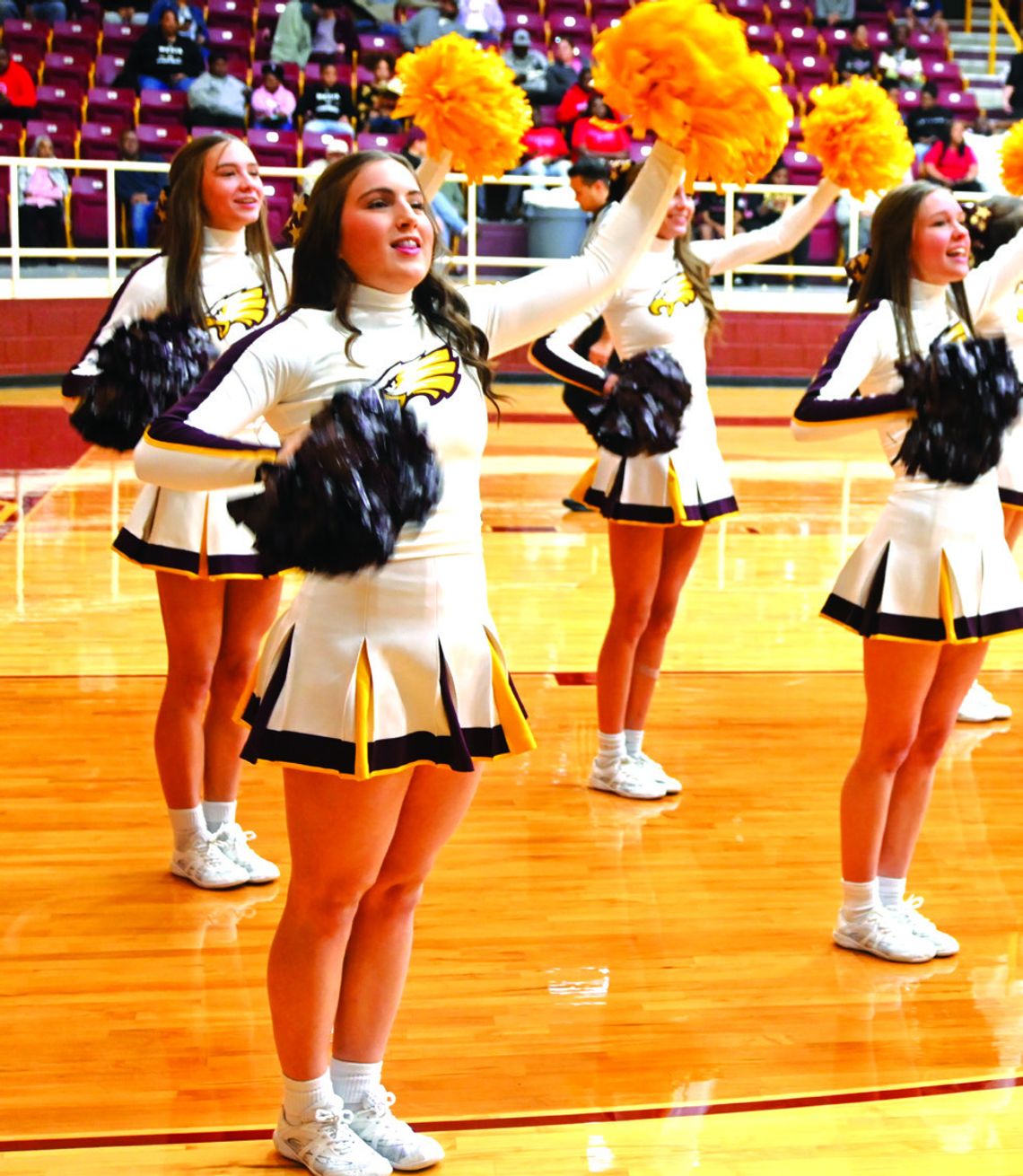 The Fairfield High School cheerleaders cheer on the Lady Eagles on Friday night against Mexia. Photo by Mitchell Pate/Fairfield Recorder