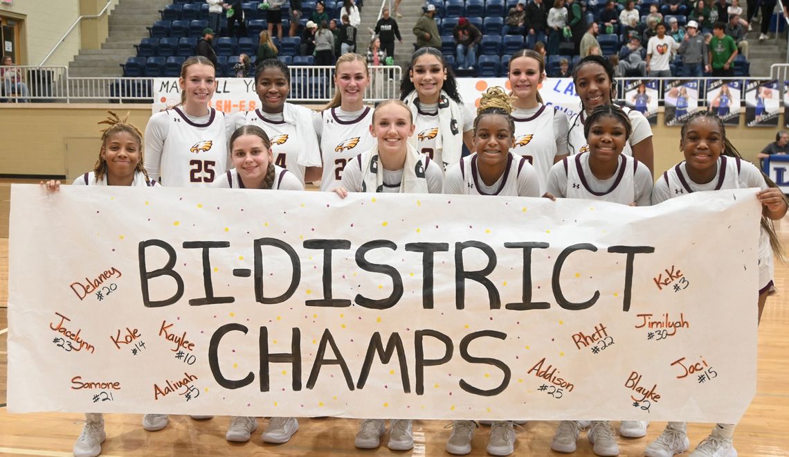 The Fairfield Lady Eagles defeat the Franklin Lady Lions 73-40 on Monday night, Feb. 10, in the Bi-District Championship at Leon High School. Pictured are (front) Samone Garrett, Delaney McGowan, Kaylee Williams, Jimilyah Nash, KeKe Alexander, Aaliyah Nash, (back) Addison Posey, Kole Brack...