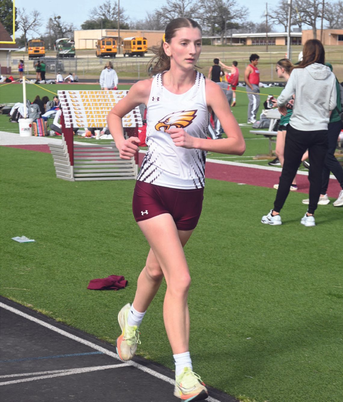 Zada Pjetrovic takes fifth place in the 1600m run and fourth place in the 3200m run at the Fairfield track meet on Thursday, March 6. Photo by Mitchell Pate/ Fairfield Recorder