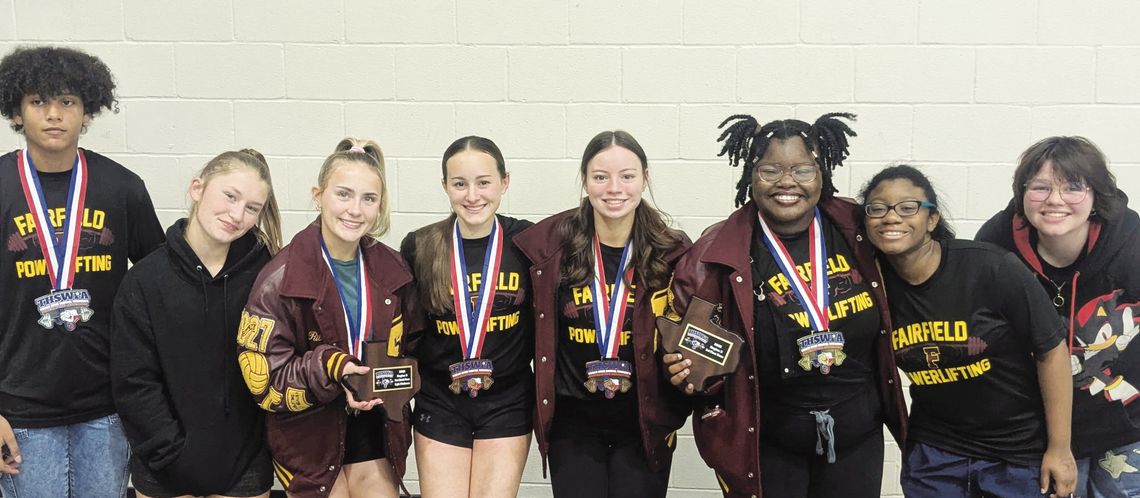 Bry Willis, Taylor Solis, Riley Stone, Auren Adams, MacKenzie Allen, Callie Morgan, Aaryn Morgan, and RaeAnn Rossisky take third place at the Regional Powerlifting Meet at Commerce High School on Saturday, March 1. Courtesy Photo