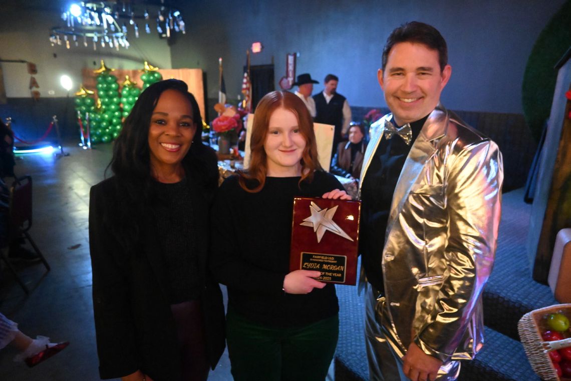 Lydia Morgan is recognized as the Fairfield High School Student of the Year by Principal Sonya Gibson and Superintendent Joe Craig. Photo by Mitchell Pate/Fairfield Recorder