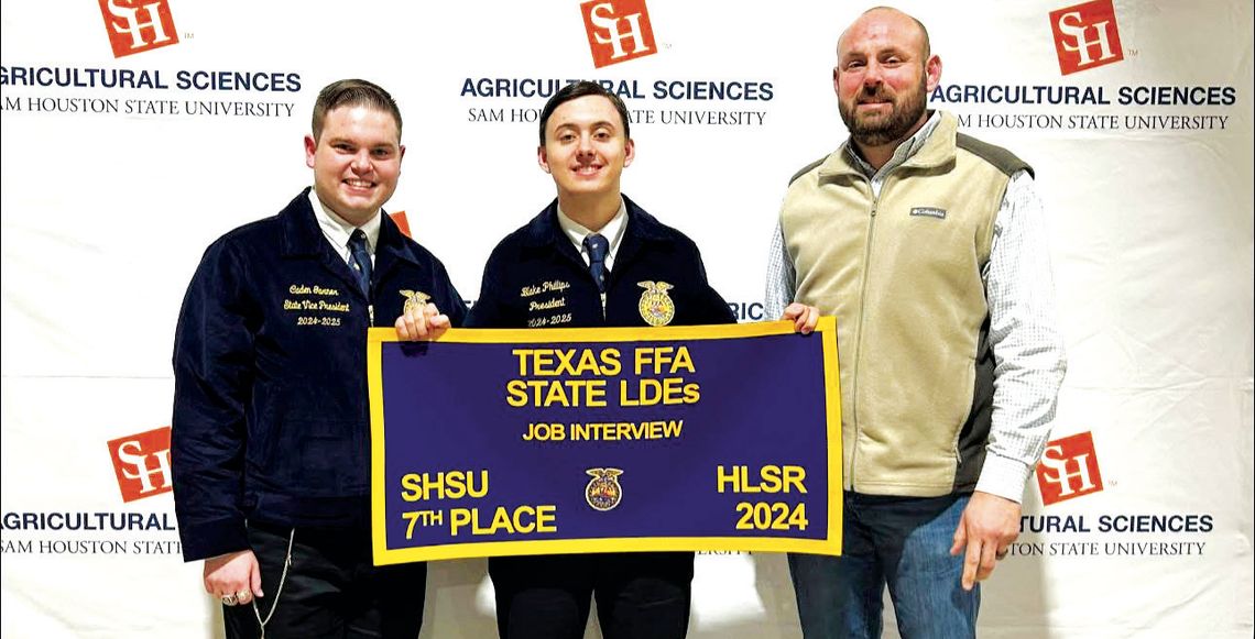 Blake Phillips, center,takes seventh place overall in the state job interview contest at Sam Houston State University. He is pictured with State Officer Caden Garner and Fairfield FFA Advisor Daniel Phillips. Courtesy Photo