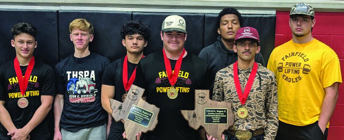 Austin Solis, Gage Wendt, AJ Garcia, Landon Salinas, Ricky Castaneda, Jose Gutierrez, and Brayden Thornburg at the Regional Powerlifting Meet at West High School on Saturday, March 8. Courtesy Photo