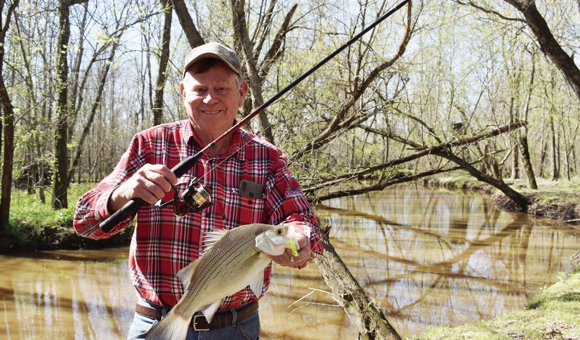 White bass (sandbass) are fun to catch and great eating. Here’s Luke with a bigun landed during the early spring spawn. Catching is fast and furious now on many area lakes. Photo by Jeff Rice