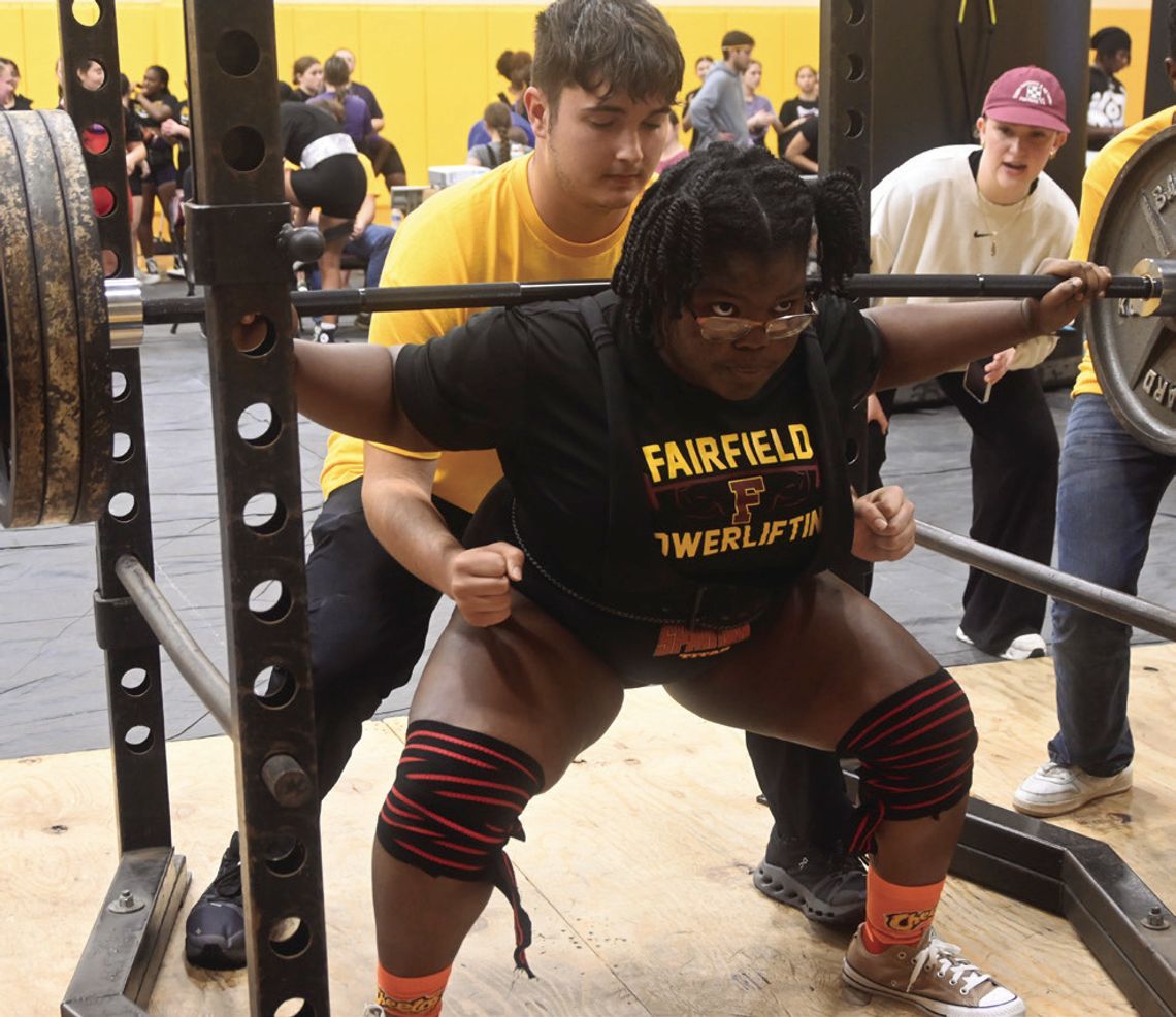Callie Morgan squats during the Fairfield Powerlifting Meet earlier this season. Morgan is one of the seven Lady Eagles that will be competing at Regionals this Saturday. Photo by Mitchell Pate/Fairfield Recorder