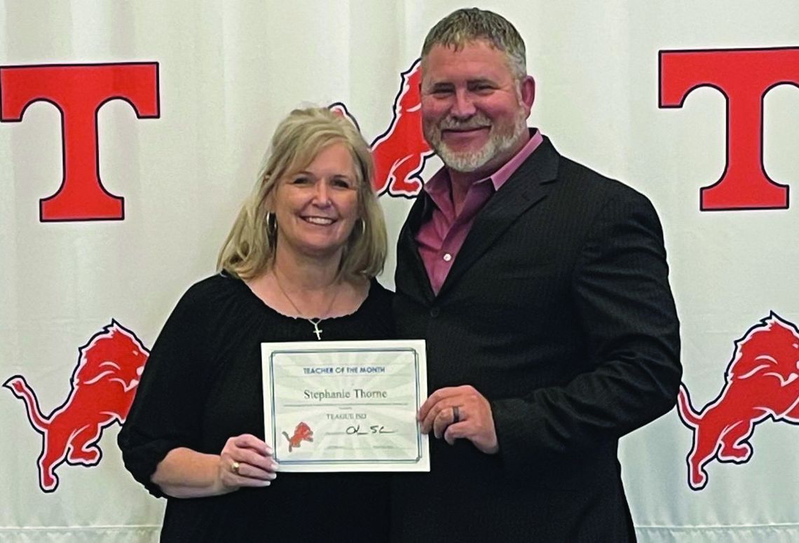TISD Superintendent Chris Skinner recognizes Stephanie Thorne as the Teague ISD Teacher of the Month for March at the TISD school board meeting on March 25. Courtesy Photo