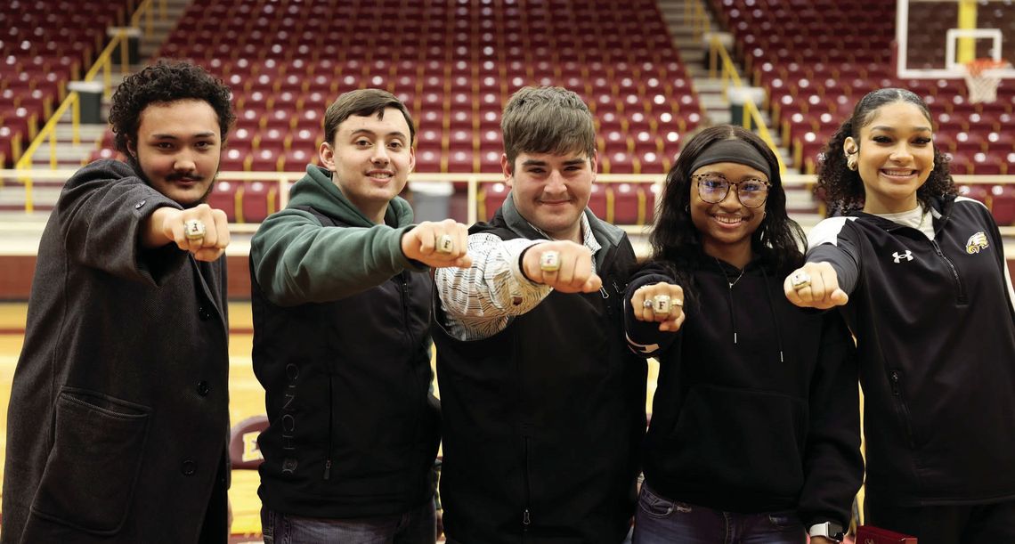 Newton Hartley, Blake Phillips, Landon Salanias, Na’Kayla Conner, and Blayke Brackens show off their State Championship rings on Friday morning, Feb. 21. Courtesy Photo