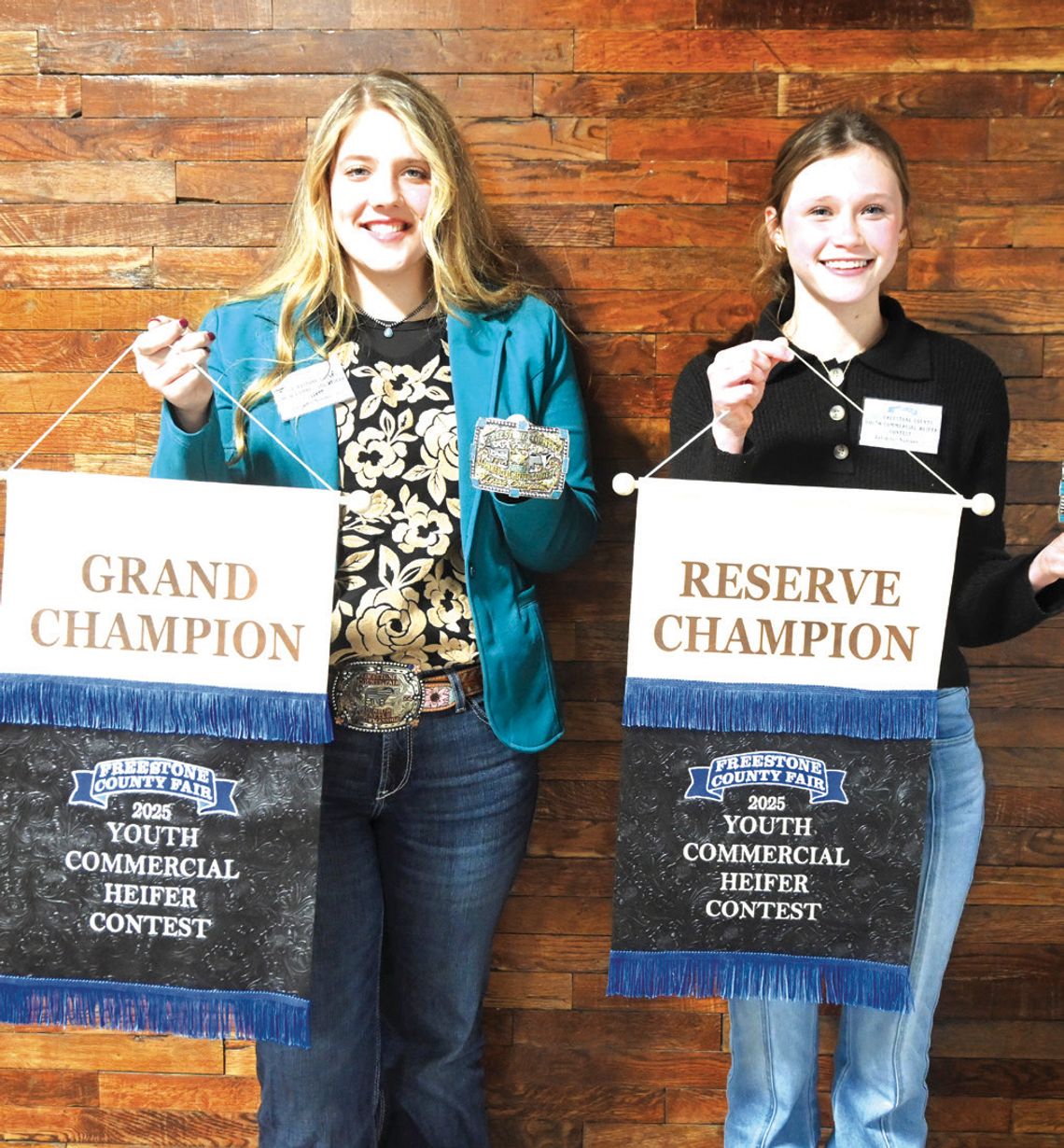 Grace Smith of Teague FFA and Ivy Wren of Fairfield 4-H won Grand and Reserve Champion respectively at the 2025 Freestone County Fair Youth Commercial Heifer Contest.