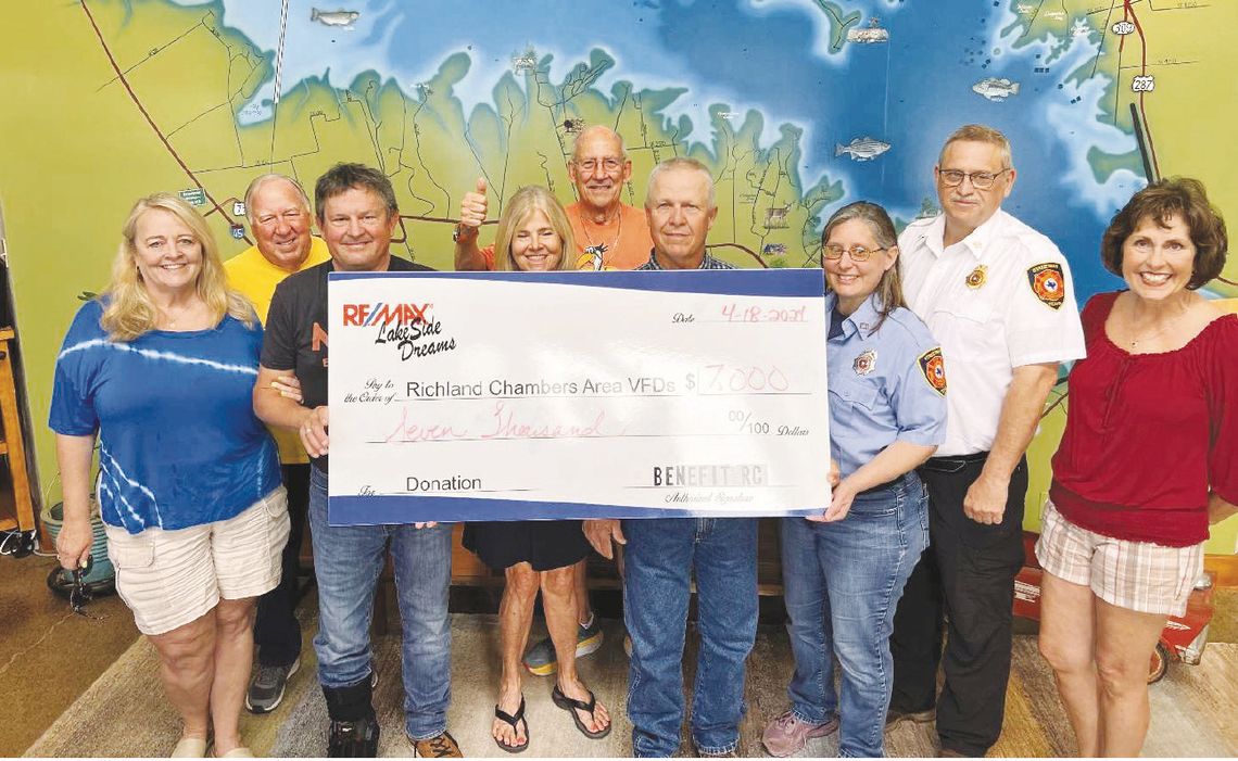 Pictured from left to right are Julie Teel, VP of Benefit RC; Bob Griffin, Board Member; John Teel, President of Benefit RC; Kay Bradshaw, Board Member; Dan Wilkie, Board Member; John Sutton, Streetman VFD; Heather Marfell, Treasurer, Streetman VFD; Matt Marfell, Assistant Chief, Streetman...