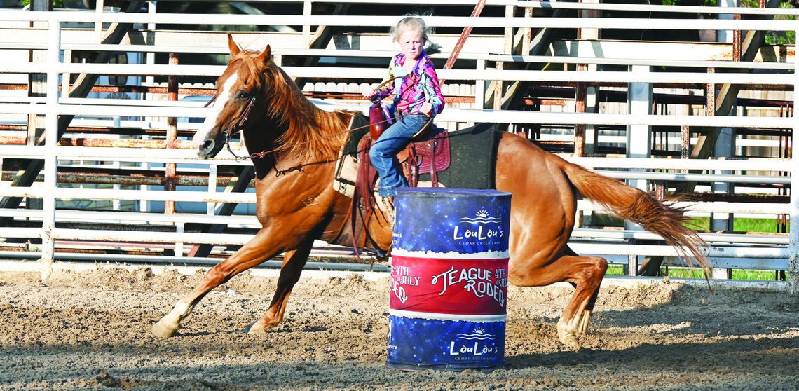 A youngster competes in the barrel racing competition at the Teague 4th of July Youth Rodeo on Saturday night. There were over 300 contestants throughout the youth rodeo. Photo by Mitchell Pate/Fairfield Recorder