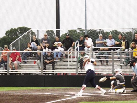 Teague pitcher Kaylee Cuevas hits a homerun during the Lady Lions’ 13-3 season-ending loss to Little River Academy on April 26 in Axtell. The game was the final high school softball game for Cuevas and six of her senior teammates. Photo by Jason Chlapek