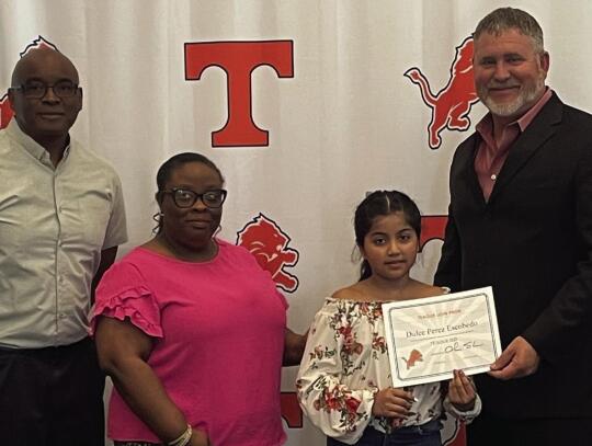 Dulce Escobedo placed second in the Spanish Spelling Bee to advance to State. She was recognized at the TISD school board meeting on Tuesday evening, March 25. Courtesy Photo